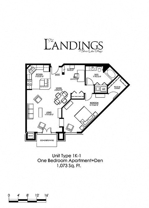 Floor plan for 1 bed, 1 bath, 1073 sqft
